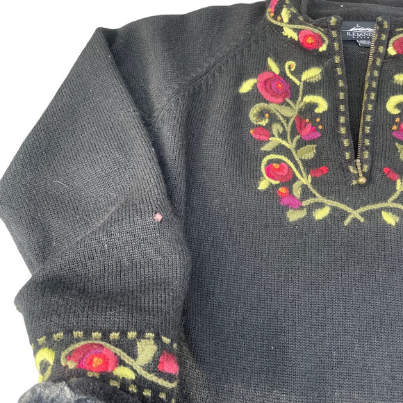 Icelandic Design Wool Blend 1/2 Zip Nordic Floral Design Sweater - Picture 7 of 16